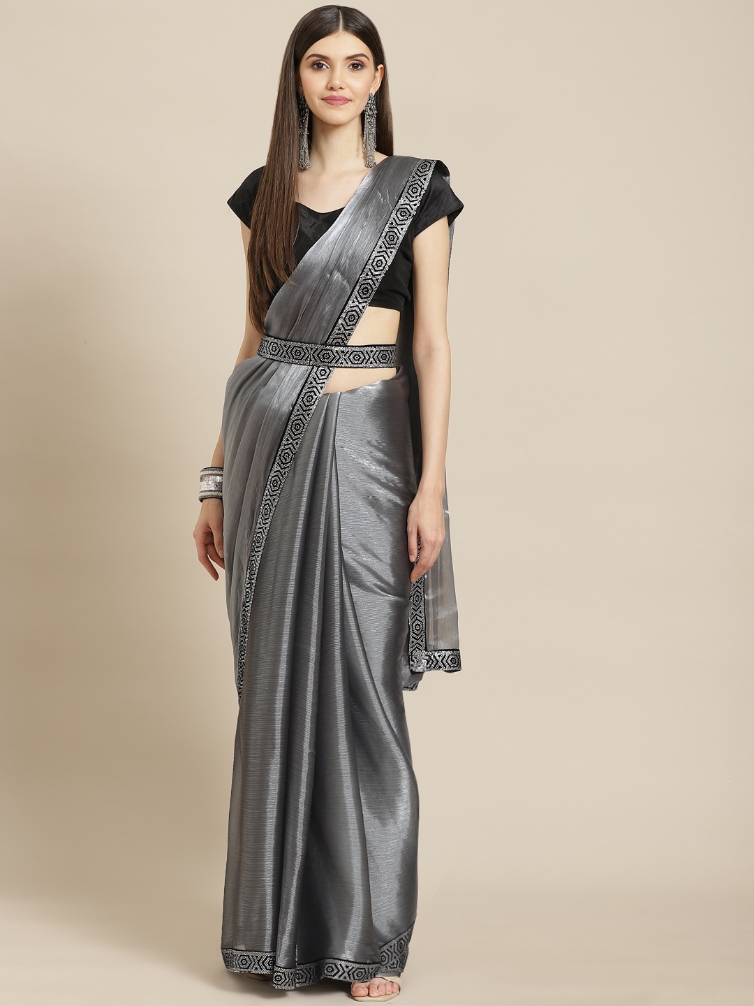 

CAMPAIGN TRENDS Grey Embellished Beads and Stones Organza Saree with Blouse Piece