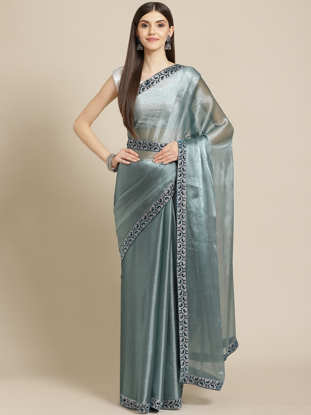 

CAMPAIGN TRENDS Blue Embellished Beads and Stones Organza Saree with Blouse Piece