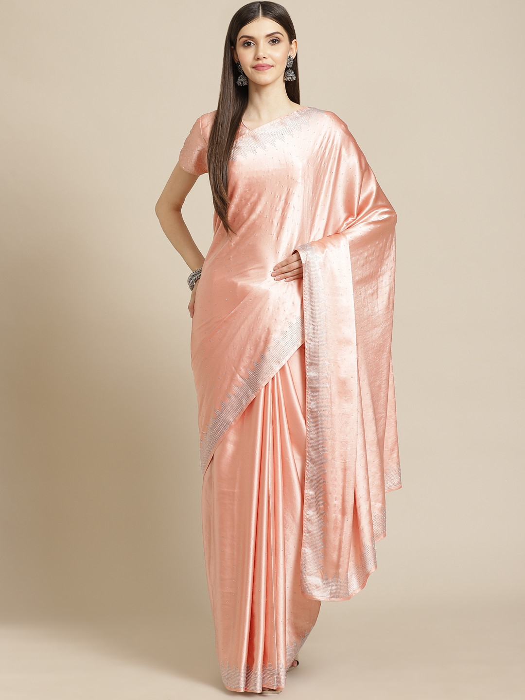 

CAMPAIGN TRENDS Peach-Coloured Embellished Beads and Stones Satin Saree with Blouse Piece