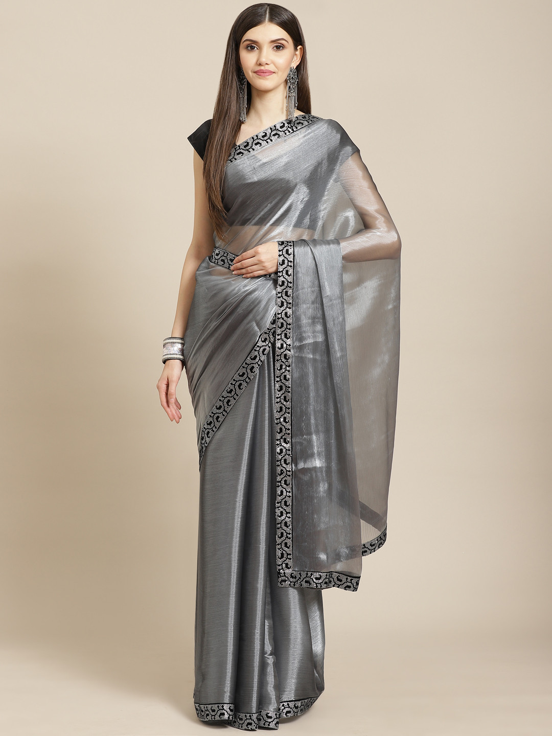 

CAMPAIGN TRENDS Grey Embellished Beads and Stones Organza Saree with Blouse Piece
