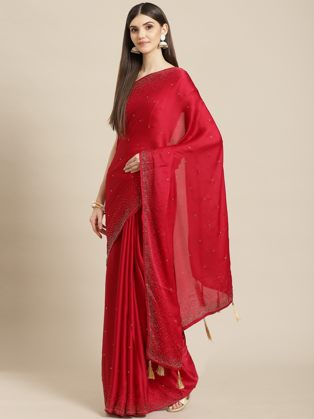 

CAMPAIGN TRENDS Red Embellished Beads and Stones Satin Saree with Blouse Piece