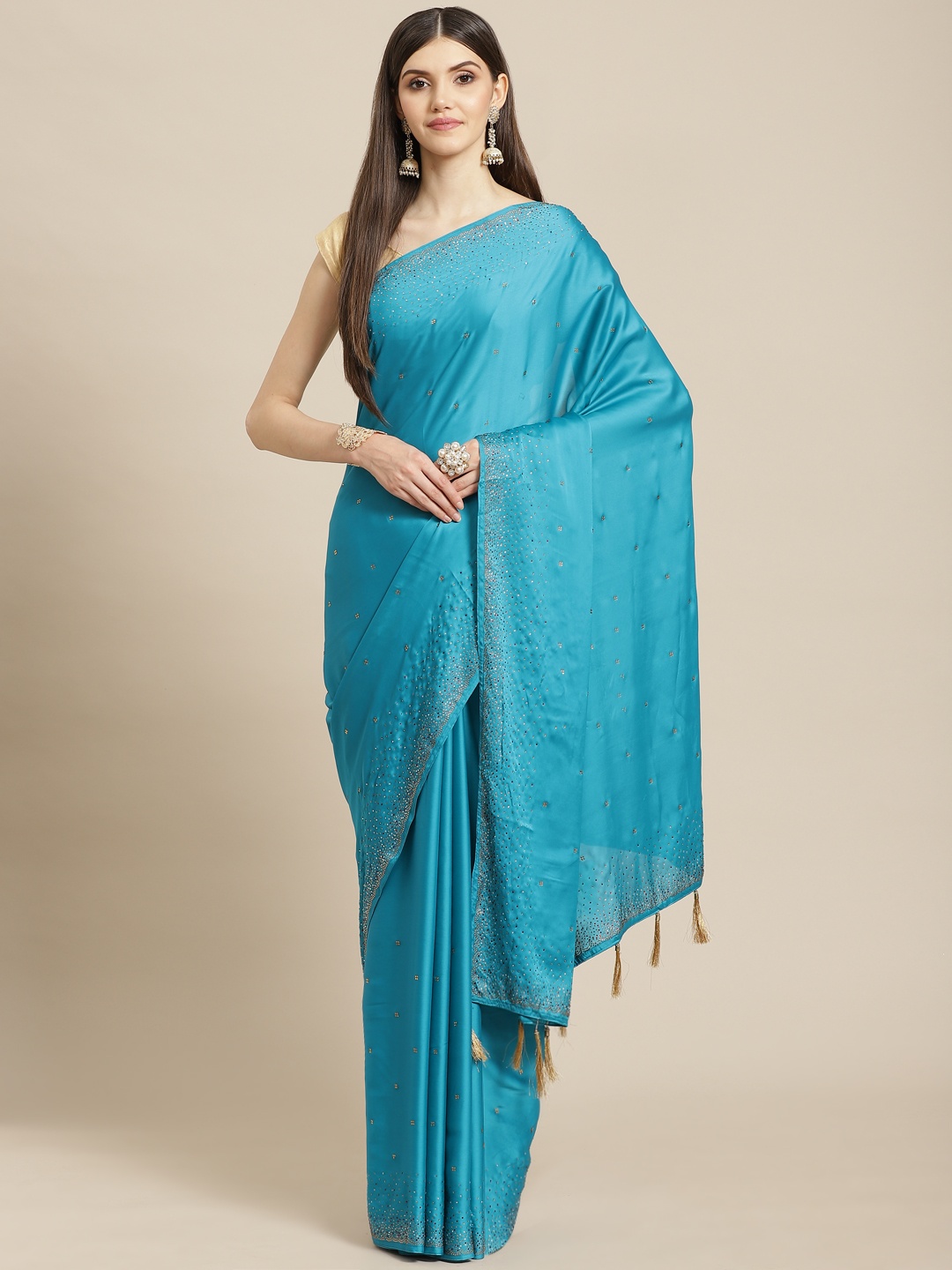 

CAMPAIGN TRENDS Turquoise Blue Embellished Beads and Stones Satin Saree with Blouse Piece