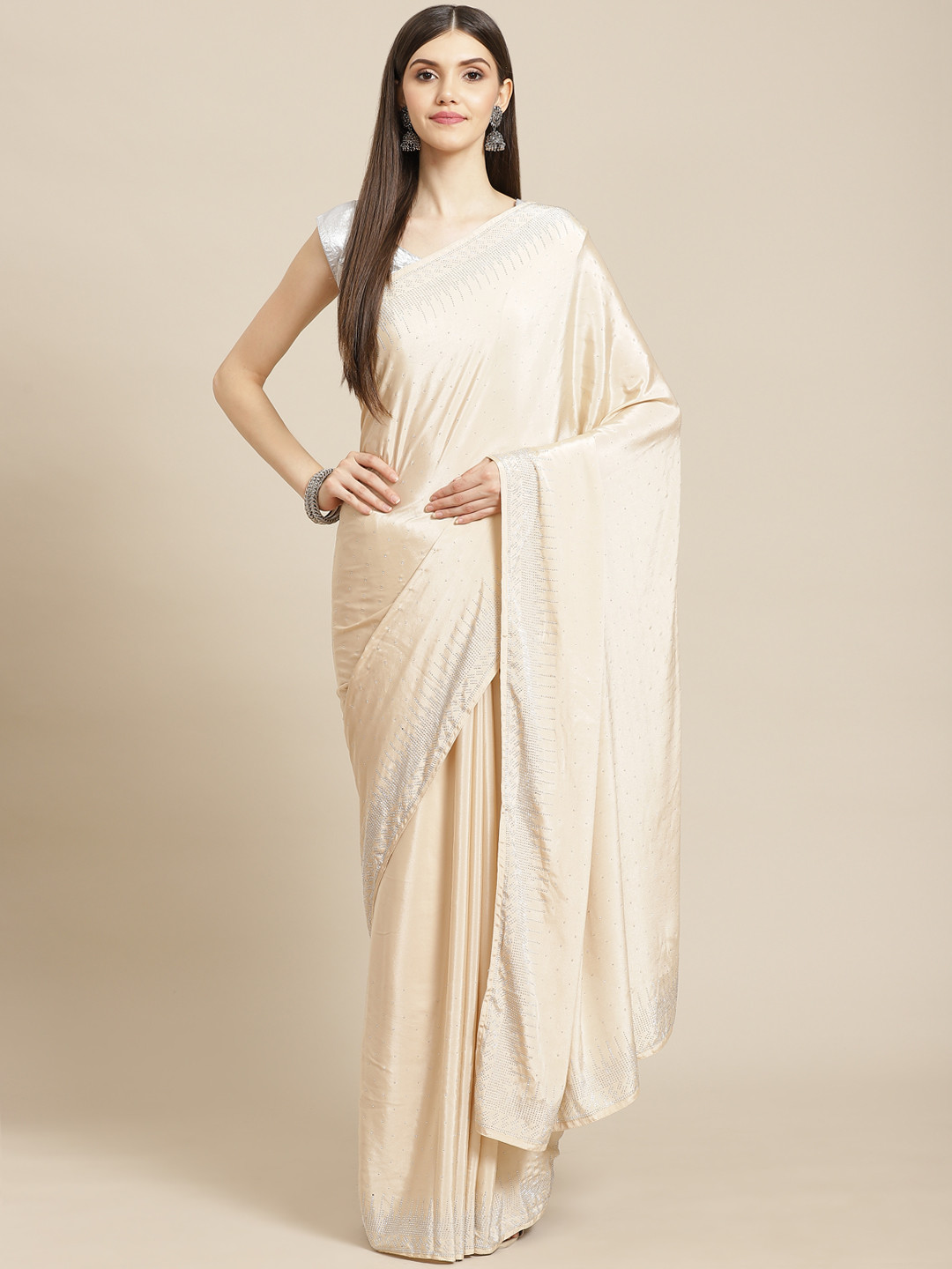 

CAMPAIGN TRENDS Cream-Coloured Embellished Beads and Stones Satin Saree with Blouse Piece