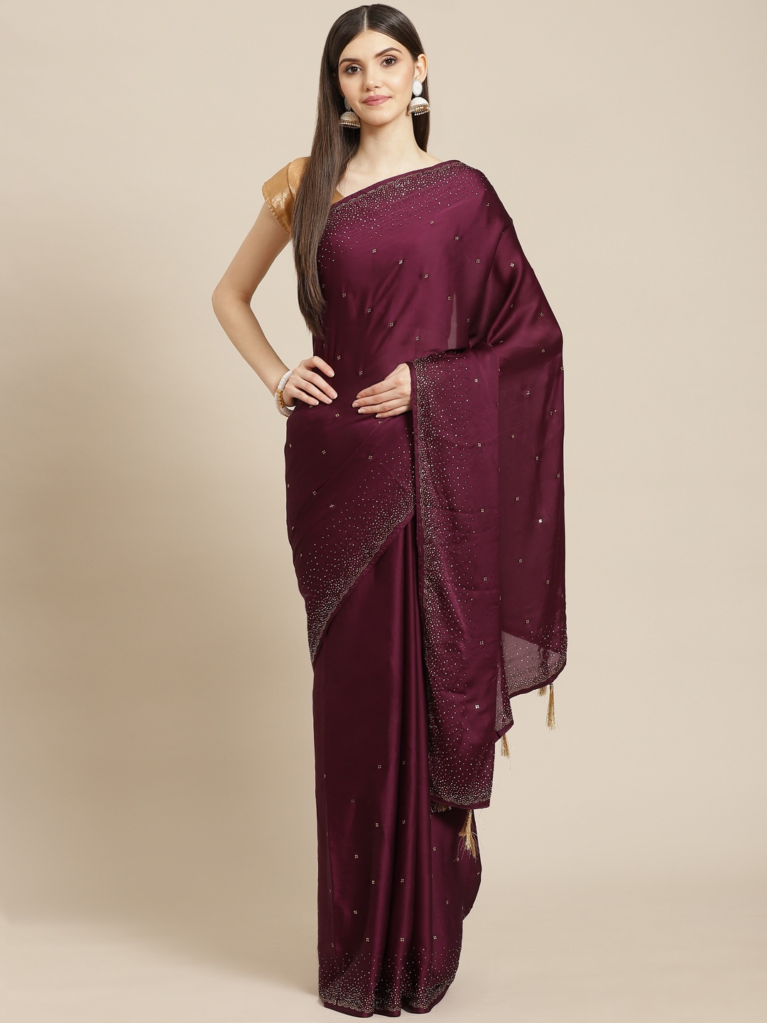 

CAMPAIGN TRENDS Burgundy Embellished Beads and Stones Satin Saree with Blouse Piece