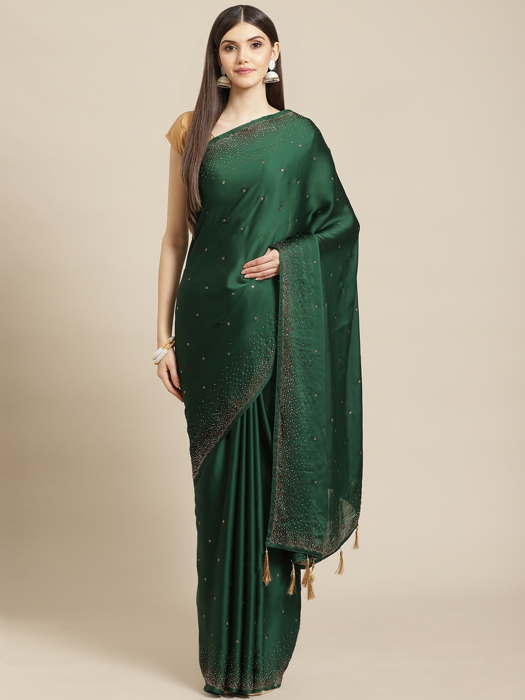 

CAMPAIGN TRENDS Green Embellished Beads and Stones Satin Saree with Blouse Piece