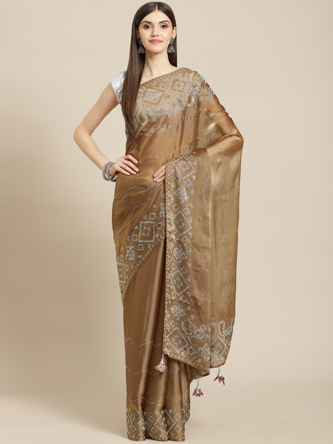 

CAMPAIGN TRENDS Dark Beige Embellished Beads and Stones Organza Saree with Blouse Piece