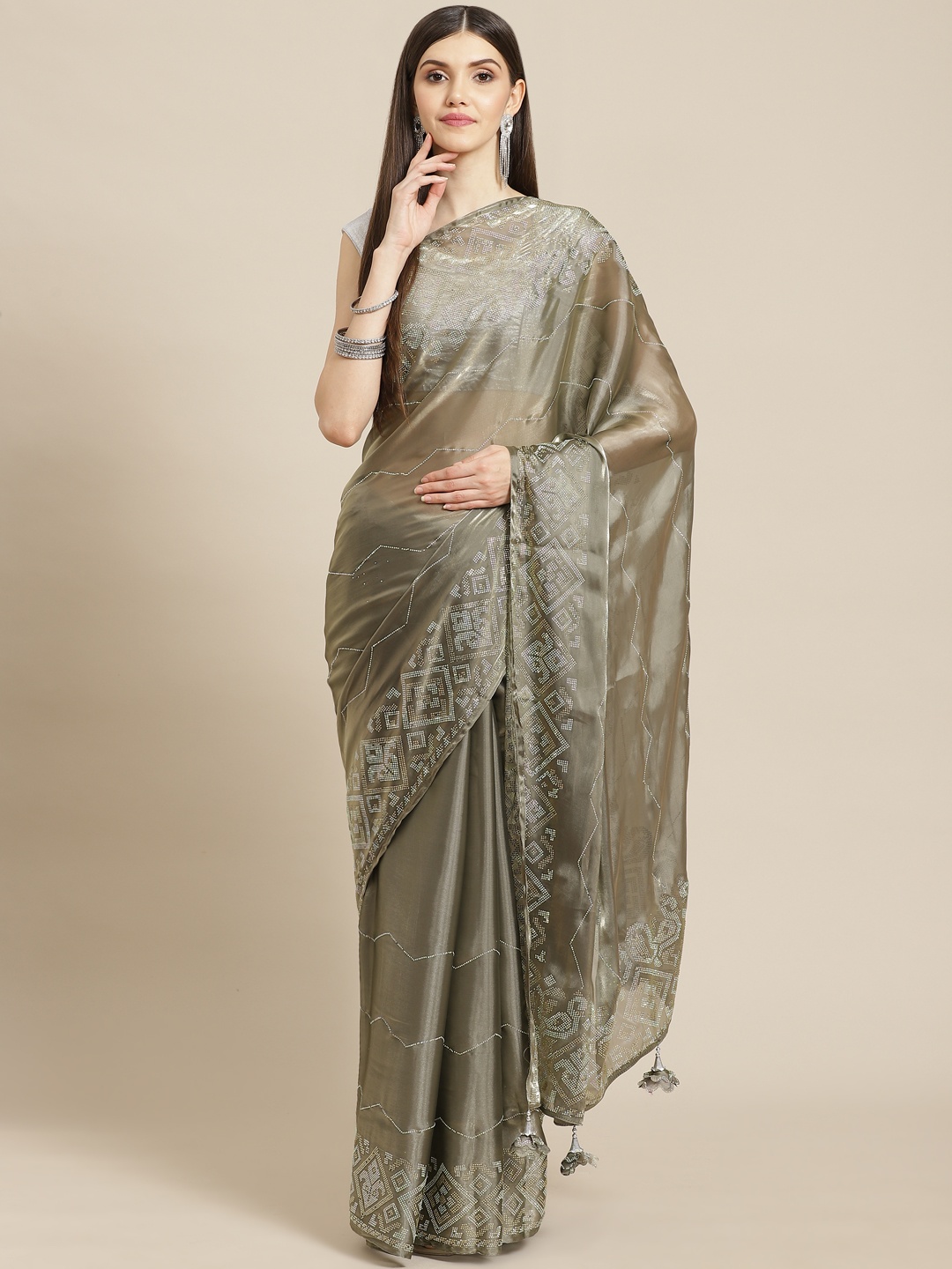 

CAMPAIGN TRENDS Green Embellished Beads and Stones Organza Saree with Blouse Piece
