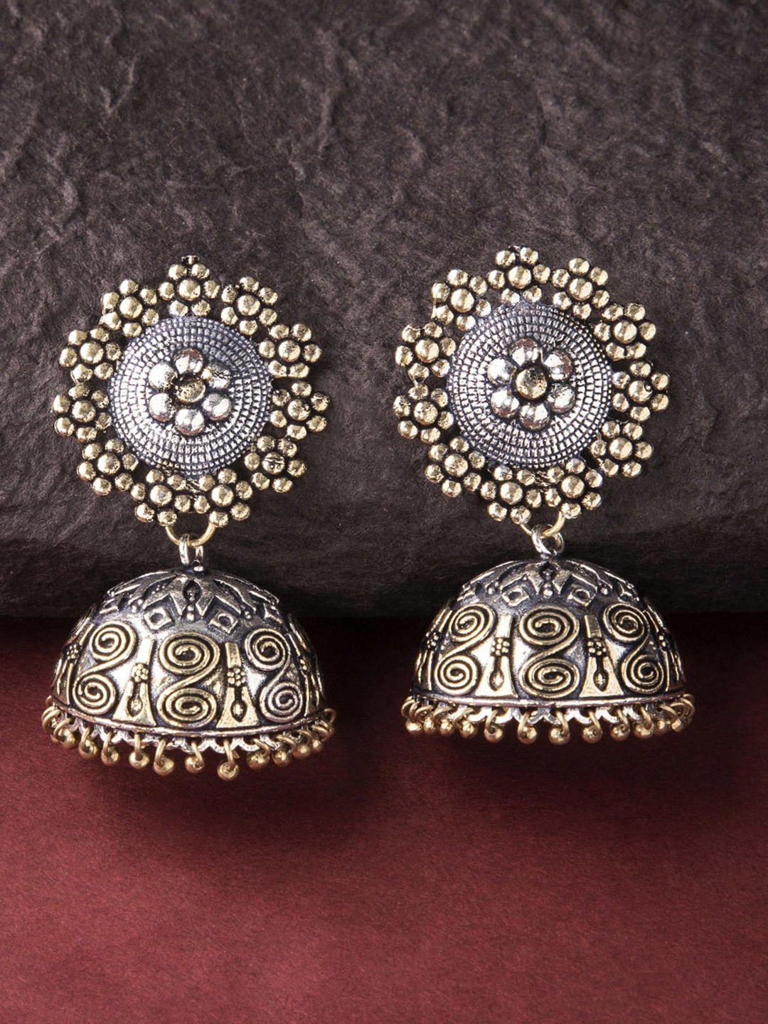 

Rubans Oxidised Silver & Antique Gold-Toned Dome-Shaped Jhumkas