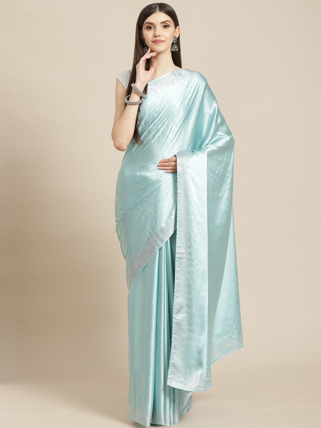 

CAMPAIGN TRENDS Turquoise Blue Embellished Beads and Stones Satin Saree with Blouse Piece