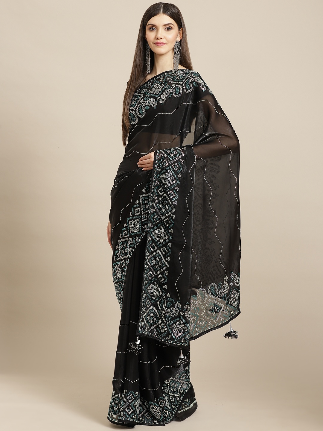 

CAMPAIGN TRENDS Black Embellished Beads and Stones Organza Saree with Blouse Piece