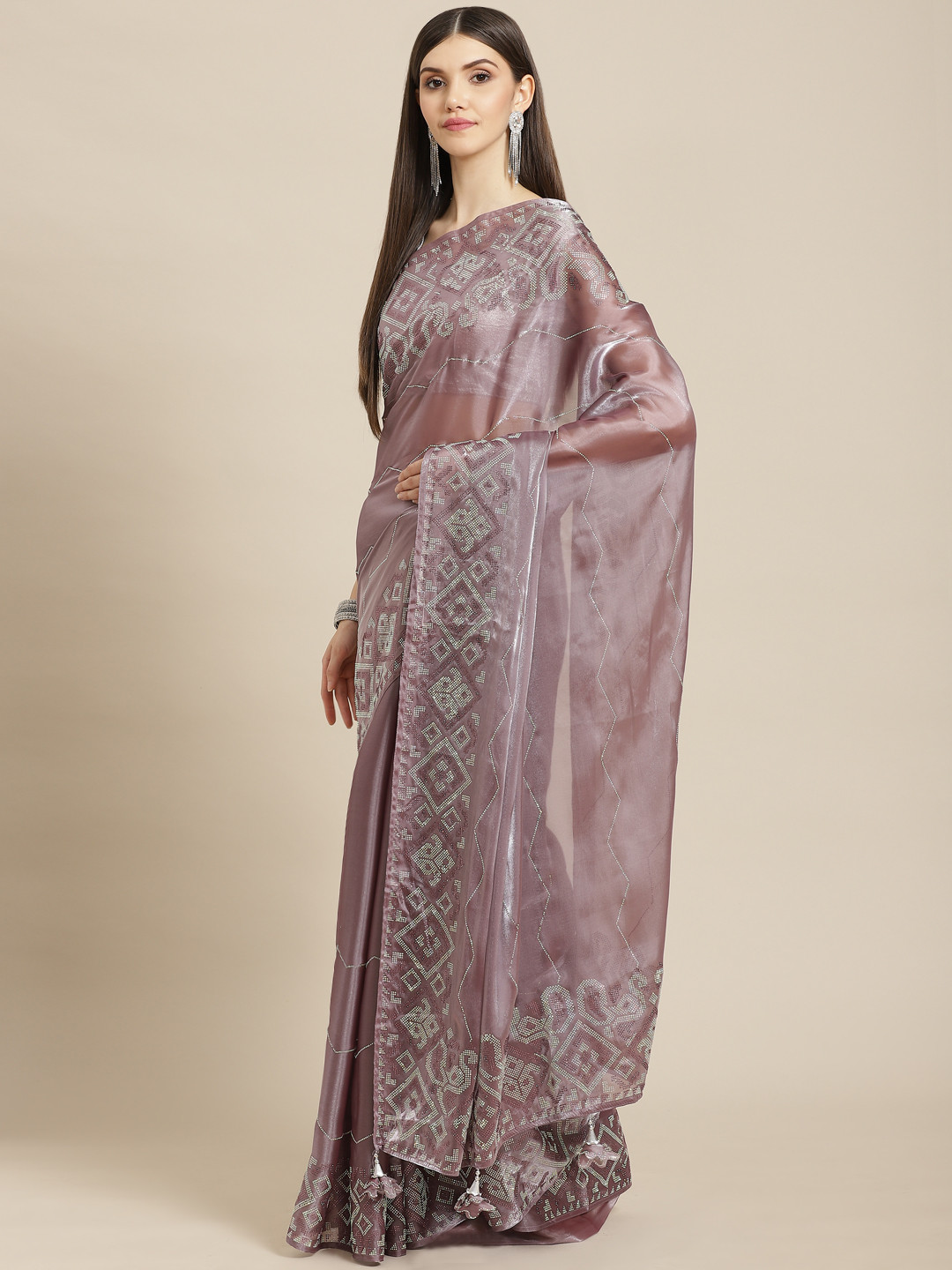 

CAMPAIGN TRENDS Purple Embellished Beads and Stones Organza Saree with Blouse Piece