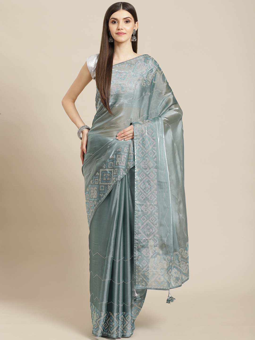 

CAMPAIGN TRENDS Blue Embellished Beads and Stones Organza Saree with Blouse Piece