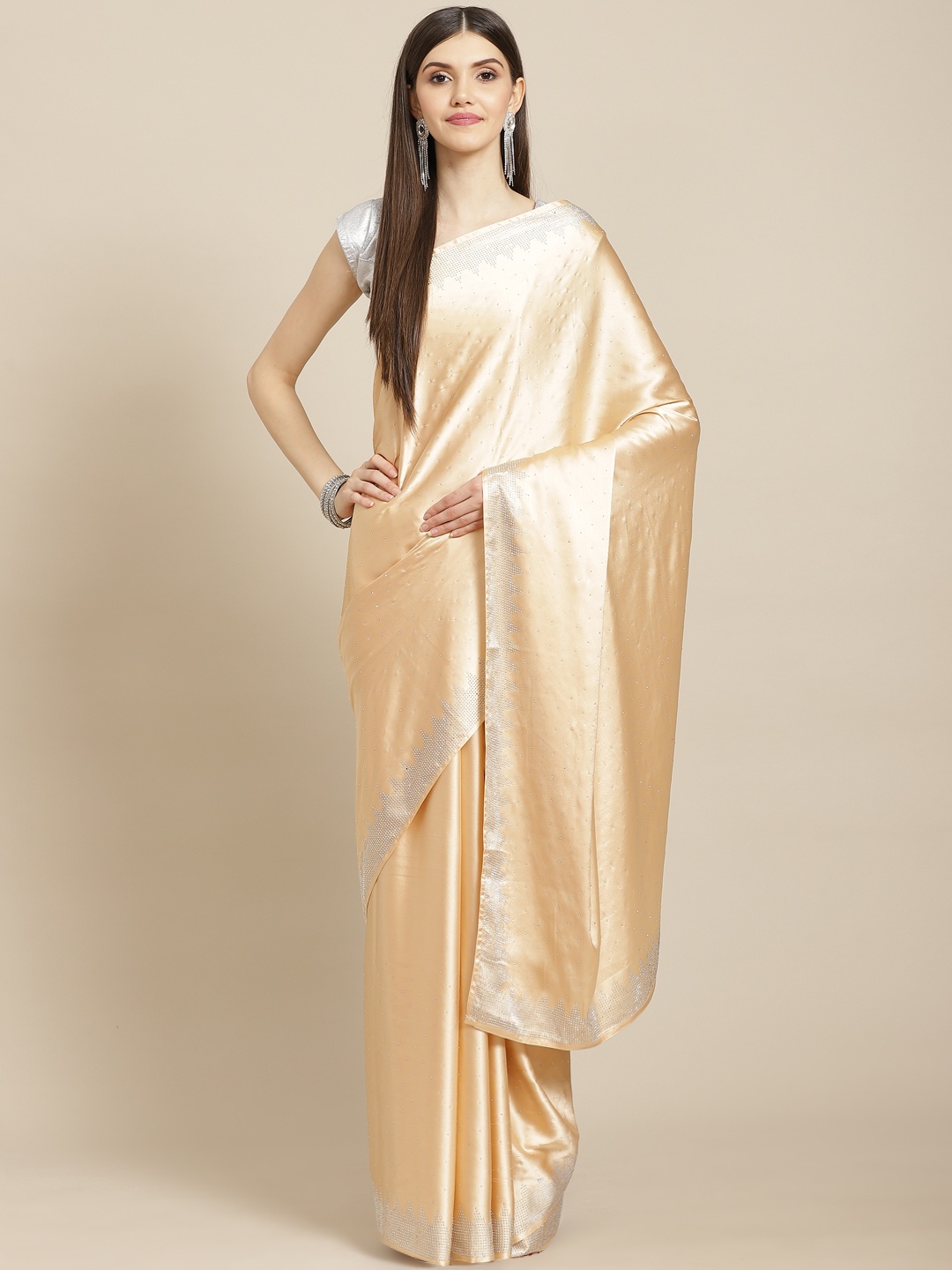 

CAMPAIGN TRENDS Cream-Coloured Embellished Beads and Stones Satin Saree with Blouse Piece