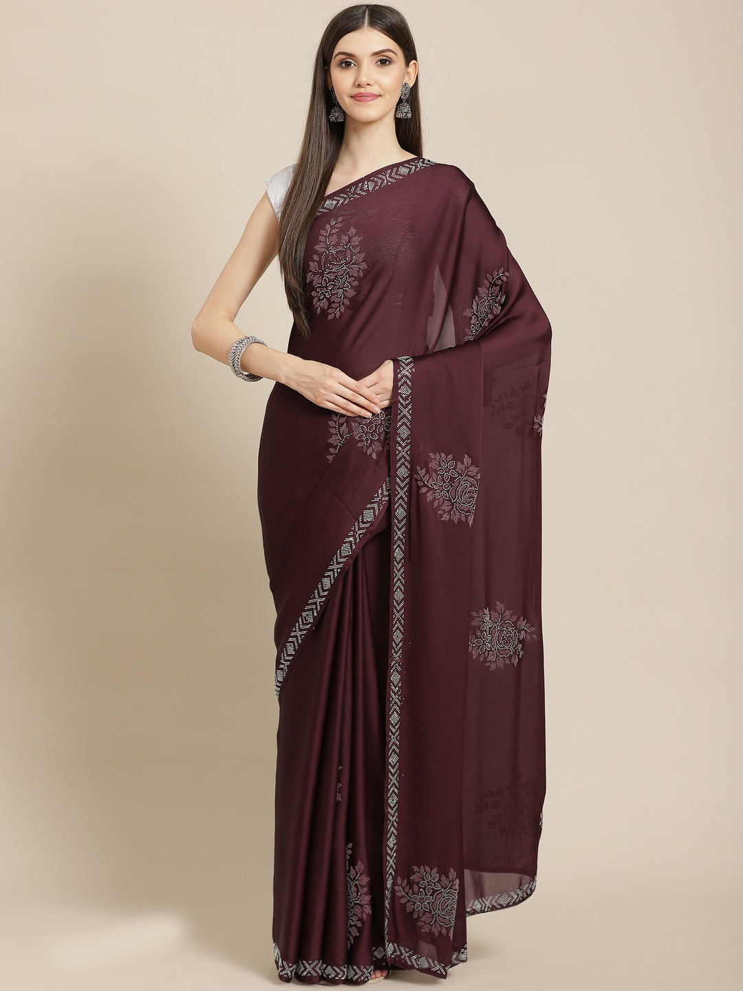 

CAMPAIGN TRENDS Burgundy Embellished Beads and Stones Satin Saree with Blouse Piece