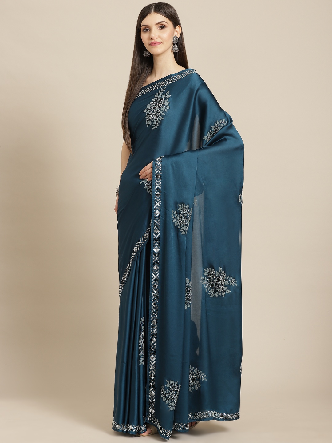 

CAMPAIGN TRENDS Blue Embellished Beads and Stones Satin Saree with Blouse Piece