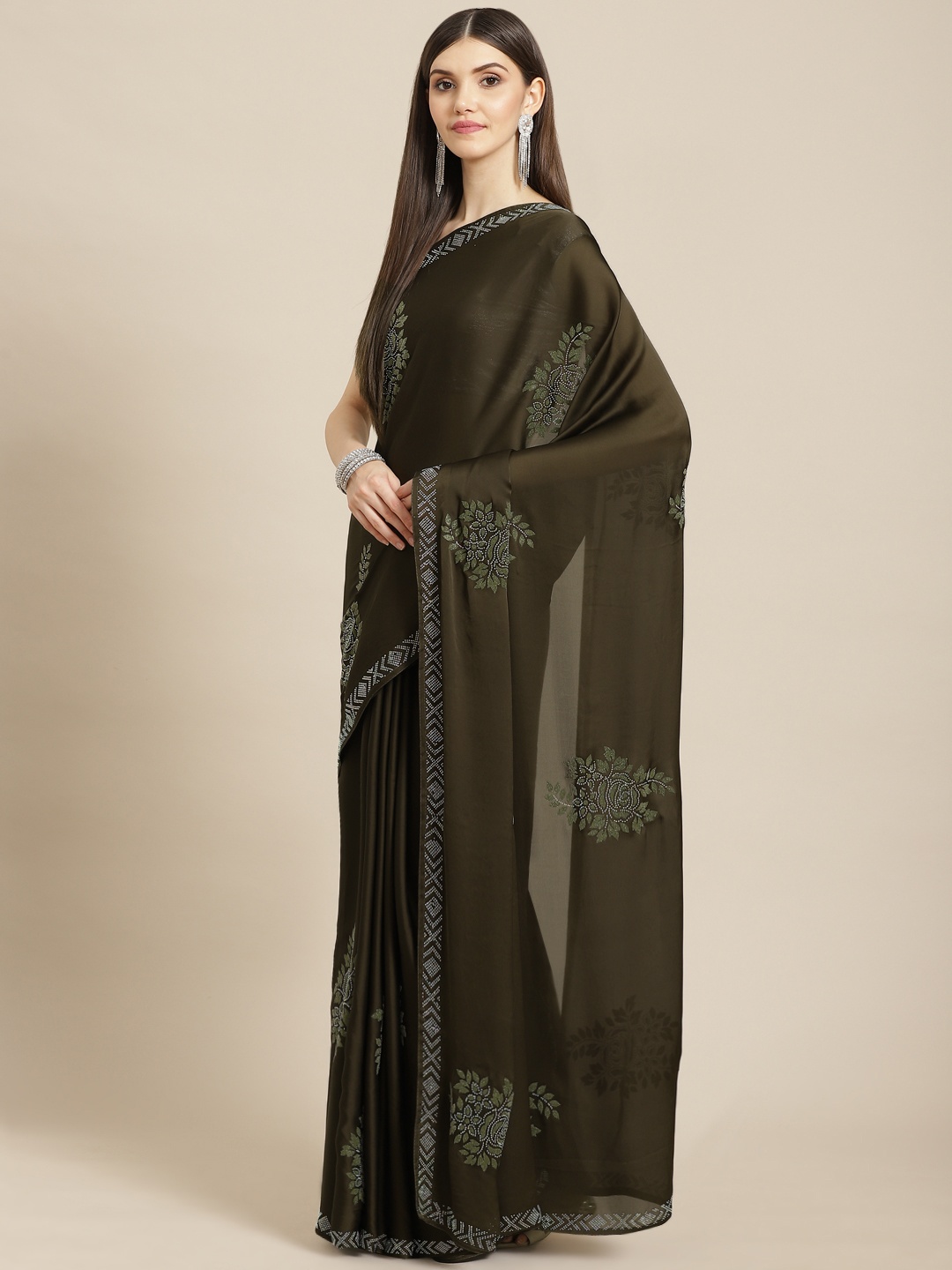 

CAMPAIGN TRENDS Brown Embellished Beads and Stones Satin Saree with Blouse Piece