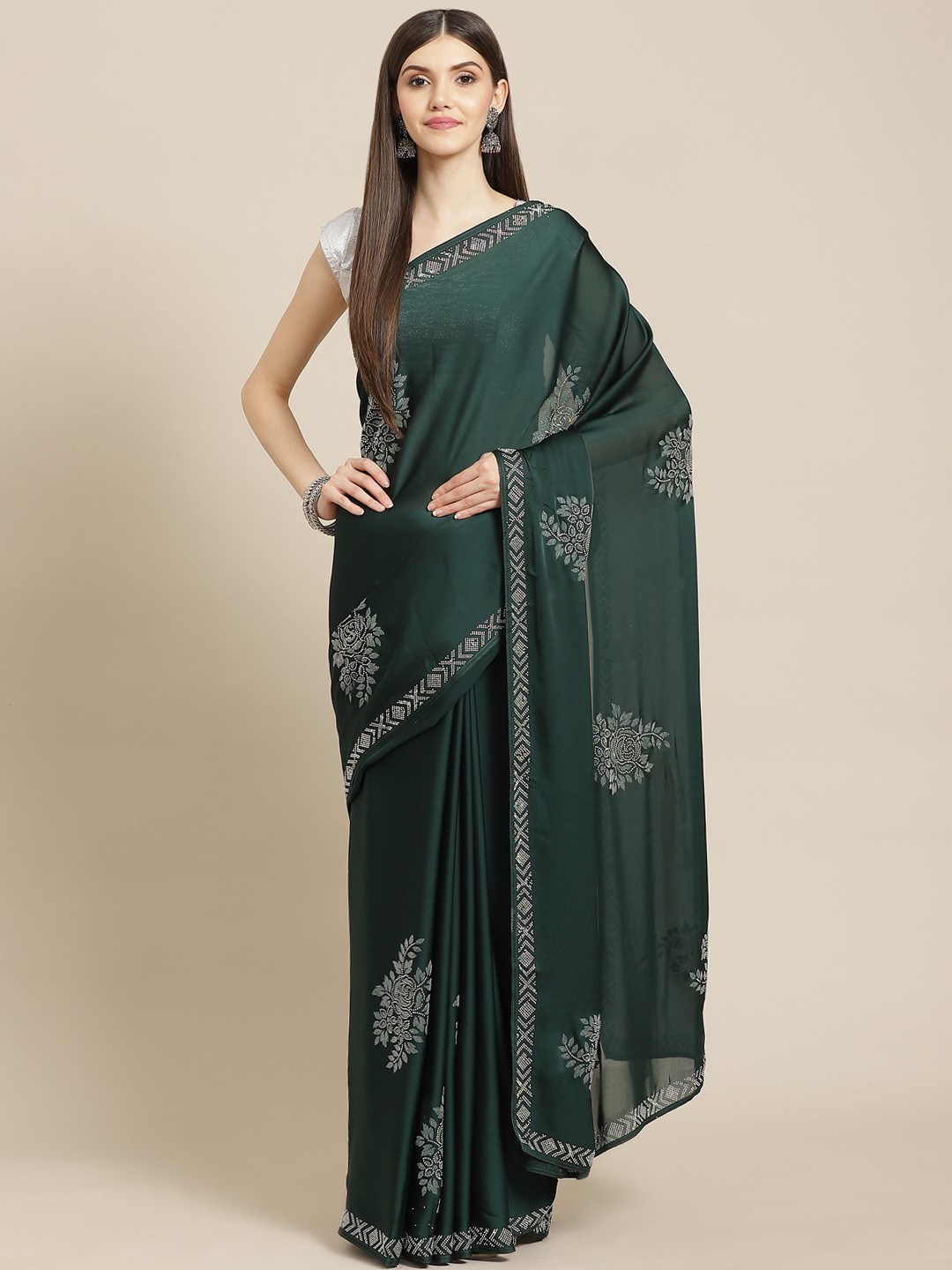 

CAMPAIGN TRENDS Green Embellished Beads and Stones Satin Saree with Blouse Piece