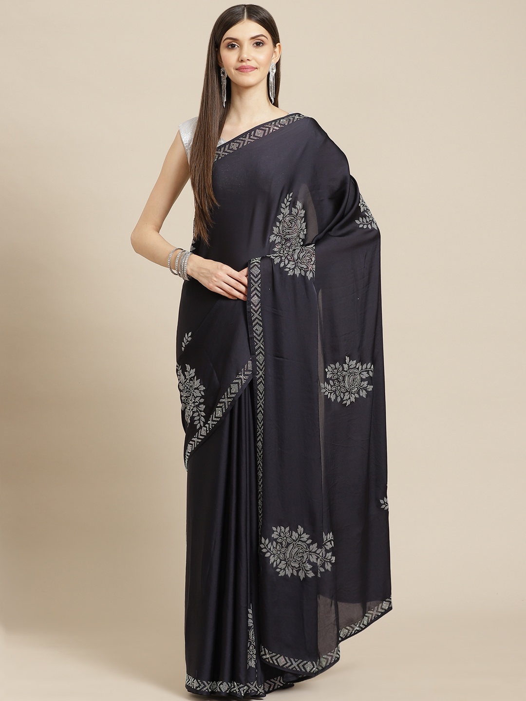 

CAMPAIGN TRENDS Navy Blue Embellished Beads and Stones Satin Saree with Blouse Piece