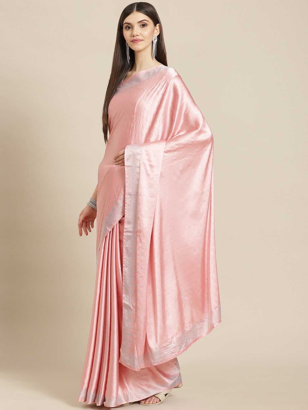 

CAMPAIGN TRENDS Pink Embellished Beads and Stones Satin Saree with Blouse Piece