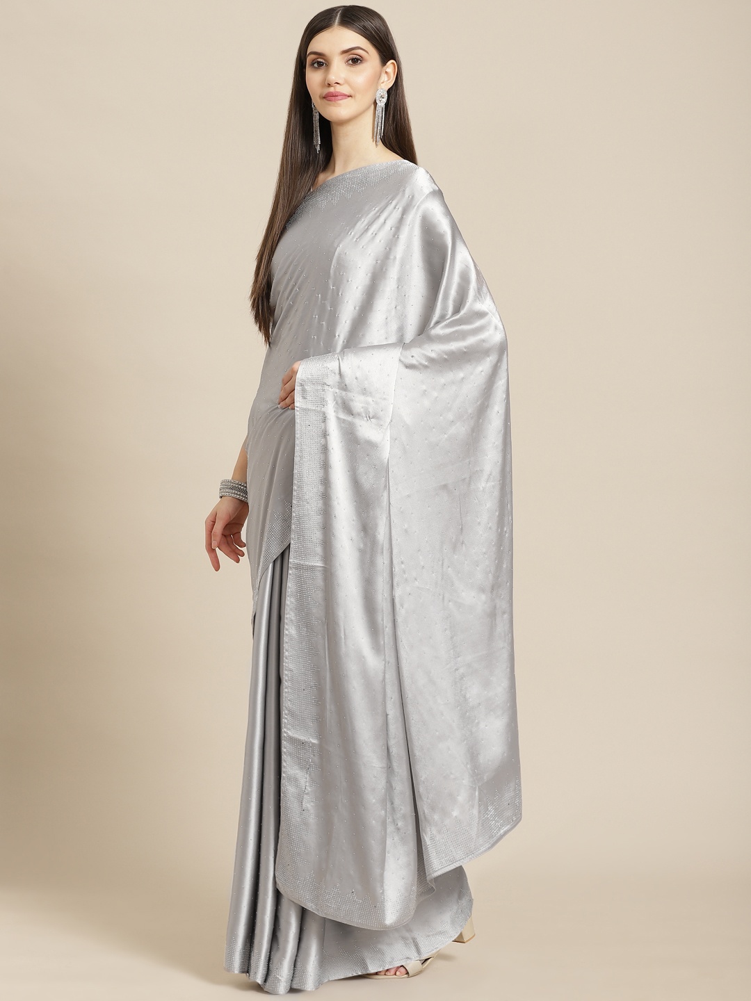 

CAMPAIGN TRENDS Grey Embellished Beads and Stones Satin Saree with Blouse Piece