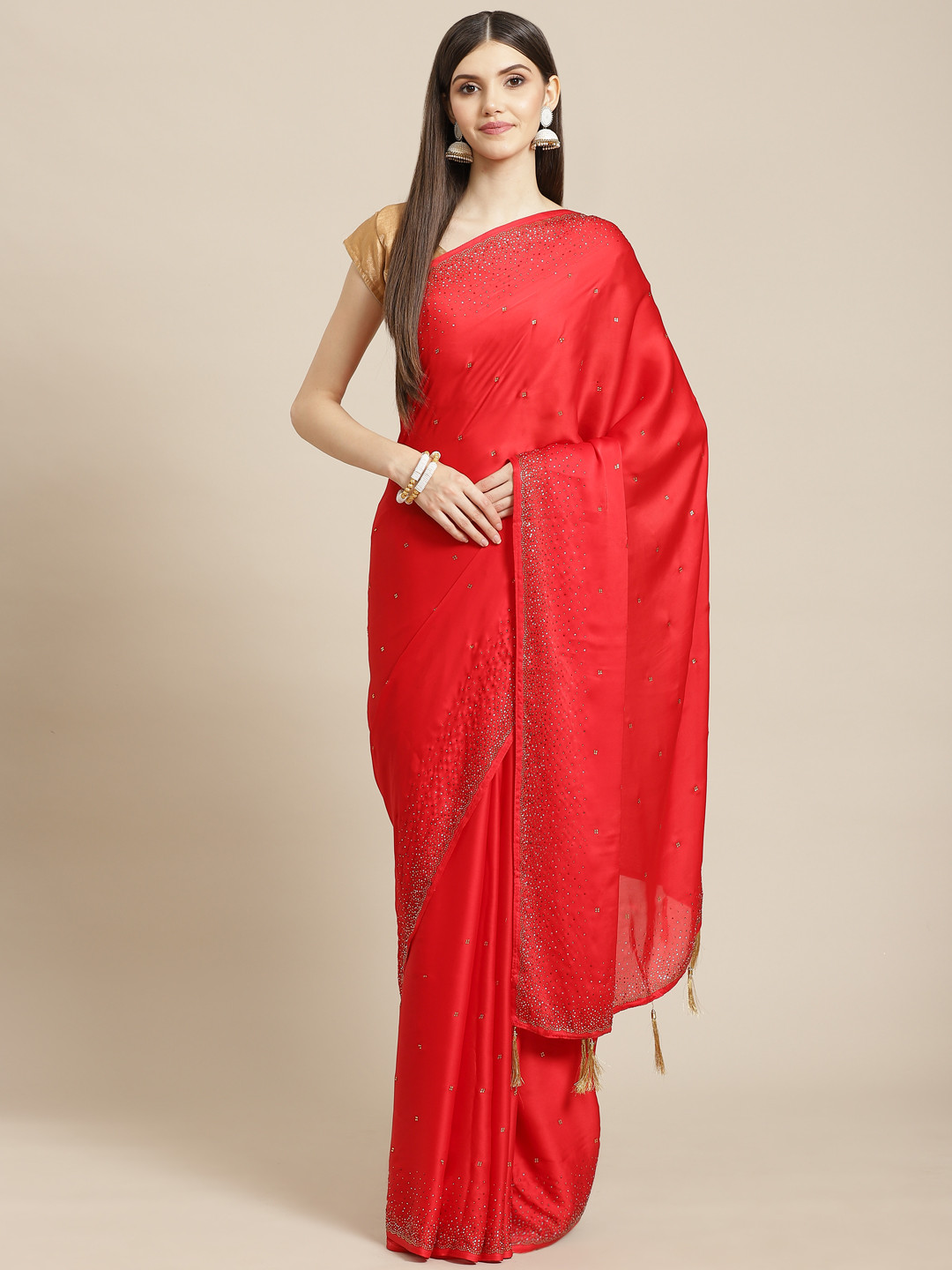 

CAMPAIGN TRENDS Red Embellished Beads and Stones Satin Saree with Blouse Piece