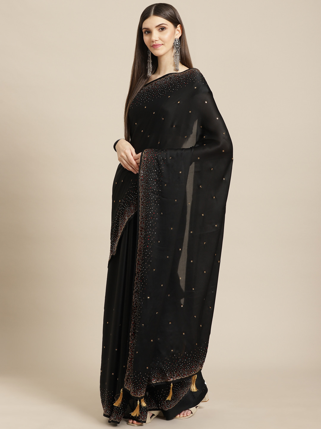 

CAMPAIGN TRENDS Black Embellished Beads and Stones Satin Saree with Blouse Piece