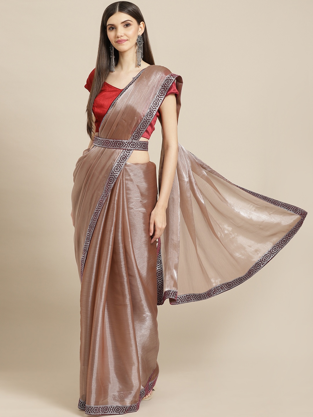 

CAMPAIGN TRENDS Beige Embellished Beads and Stones Organza Saree with Blouse Piece