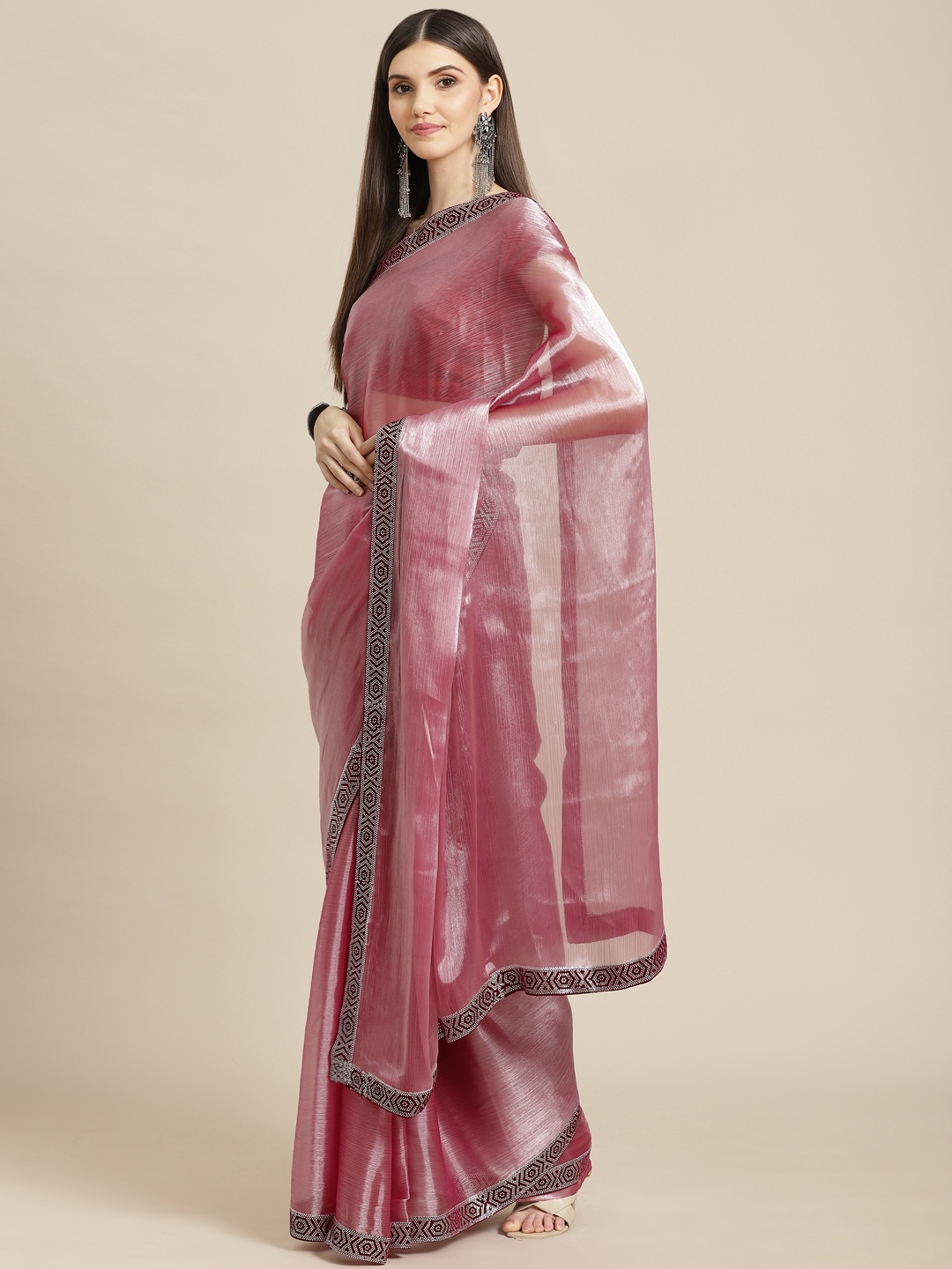 

CAMPAIGN TRENDS Pink Embellished Beads and Stones Organza Saree with Blouse Piece
