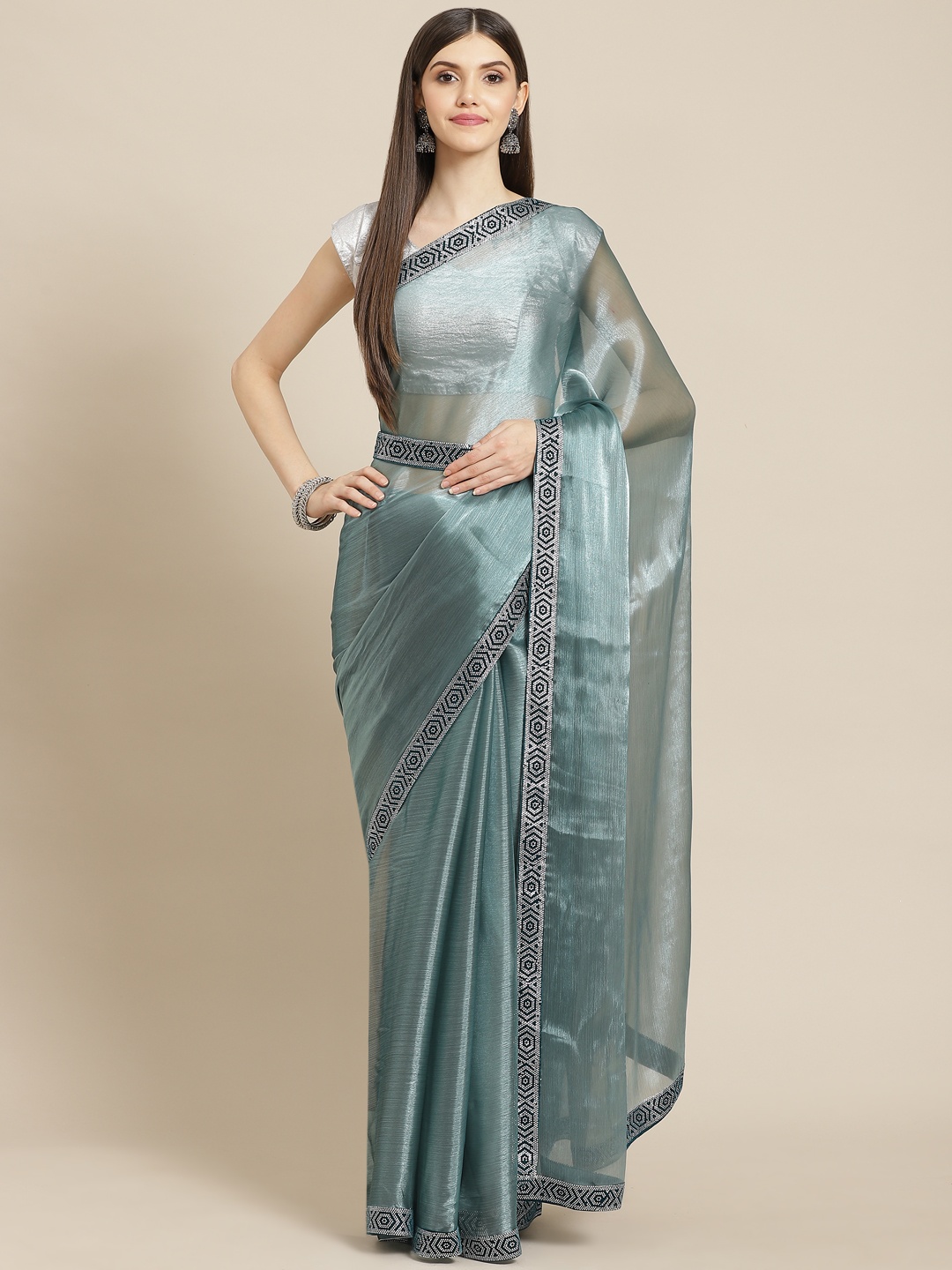 

CAMPAIGN TRENDS Blue Embellished Beads and Stones Organza Saree with Blouse Piece