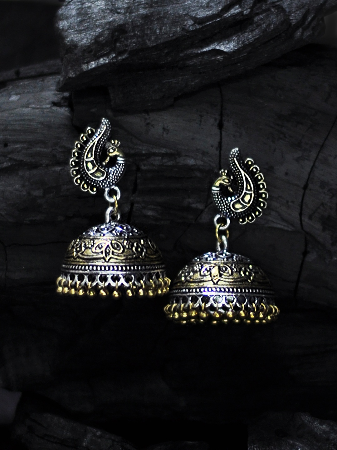 

Rubans Oxidised Gold-Toned & Silver-Toned Dome-Shaped Jhumkas