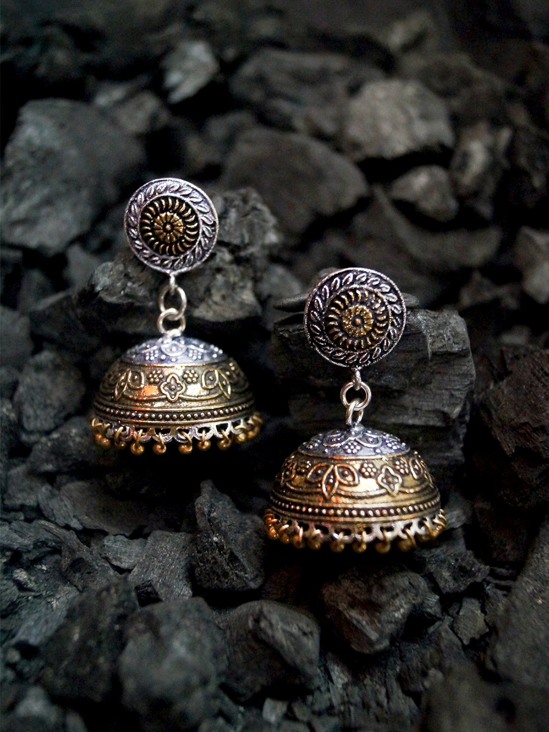 

Rubans Oxidised Silver & Antique Gold-Toned Dome-Shaped Jhumkas