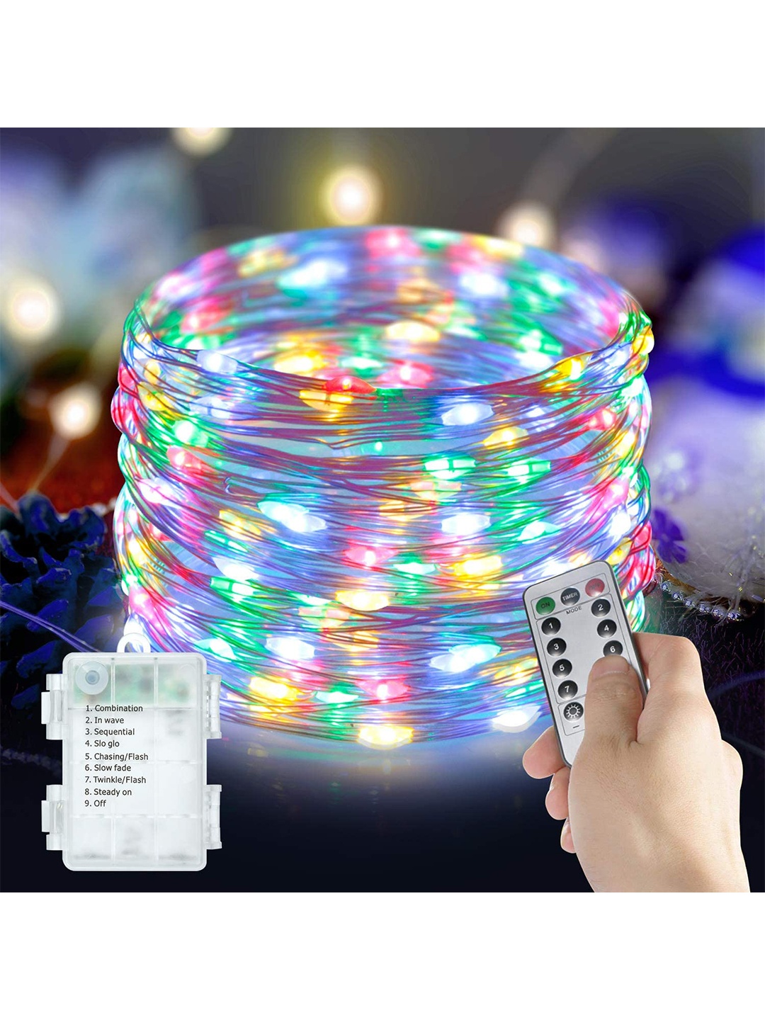 

XERGY Multicoloured 100 LED String Lights Battery Box and Remote and 8 Mode Functions, Multi