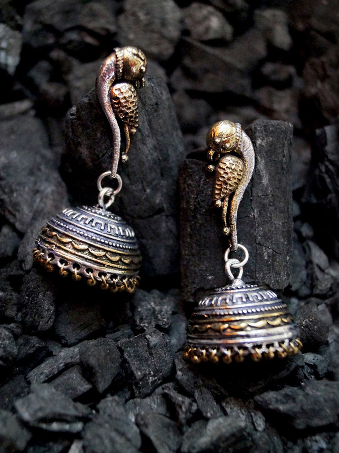 

Rubans Oxidised Antique Gold-Toned & Silver-Toned Dome-Shaped Jhumkas