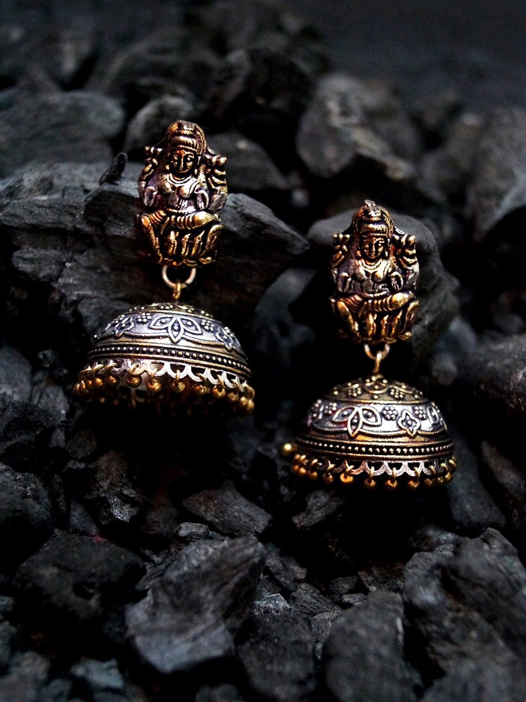 

Rubans Antique Oxidised Gold & Silver-Toned Dome-Shaped Jhumkas