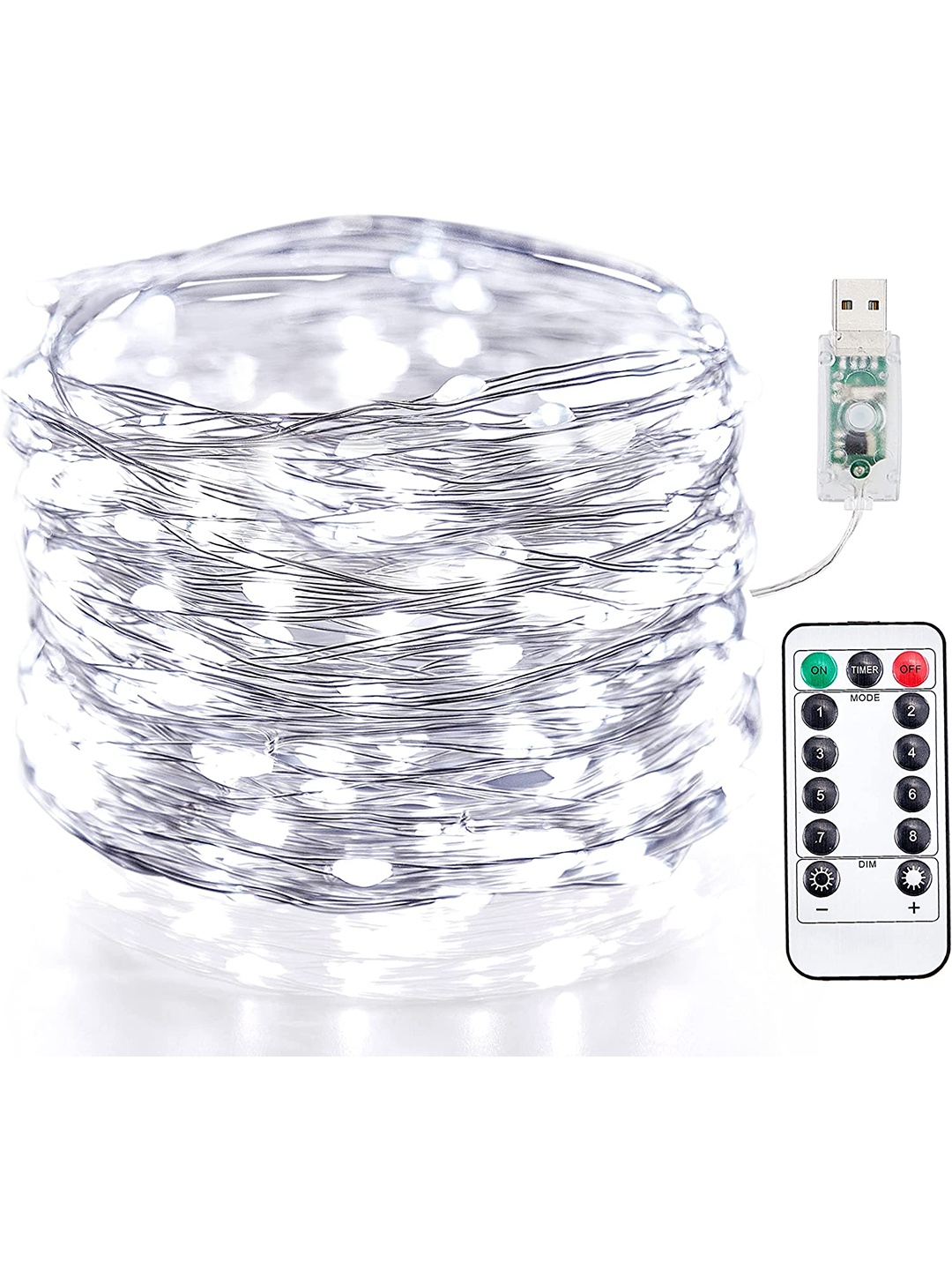 

XERGY White 100 LED Silver Wire String Lights 8 Modes USB Powered with Remote Control