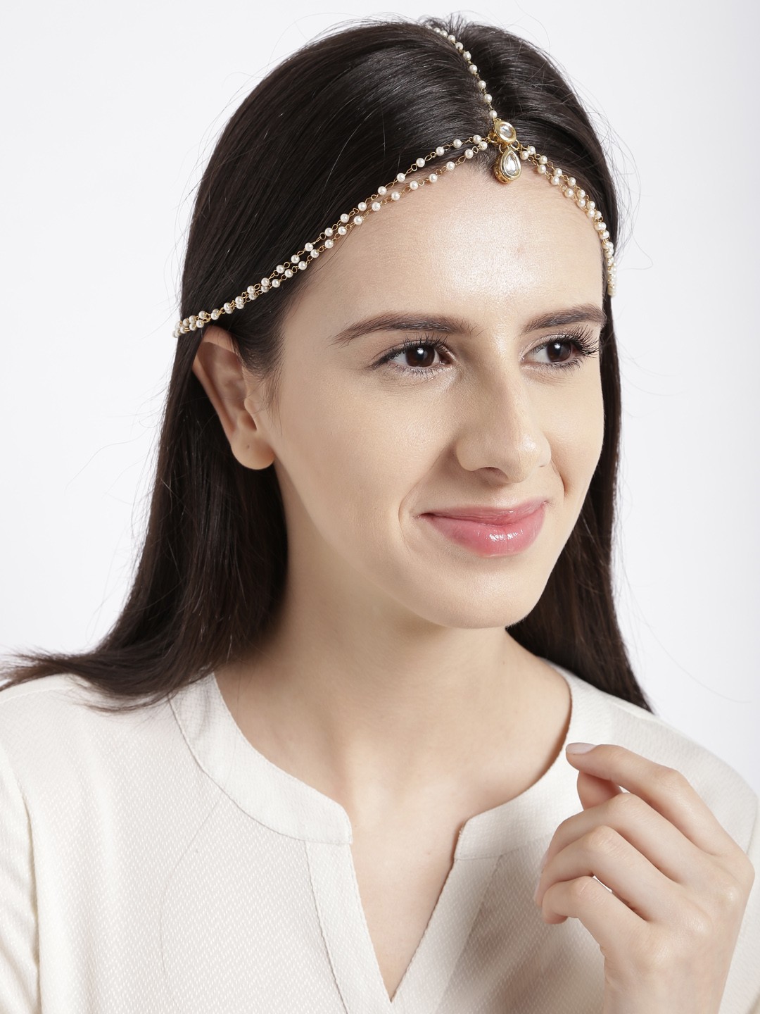 

Rubans Gold-Toned & Off-White Beaded & Enamelled Reversible Matha Patti