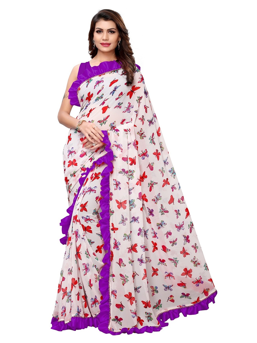 

Fashion Basket White & Red Printed Saree