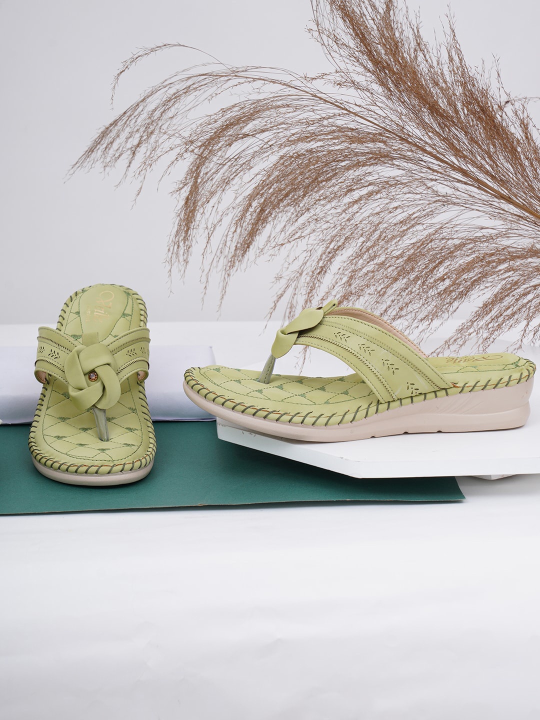 

VEILLE Green Embellished PU Wedge Mules with Bows