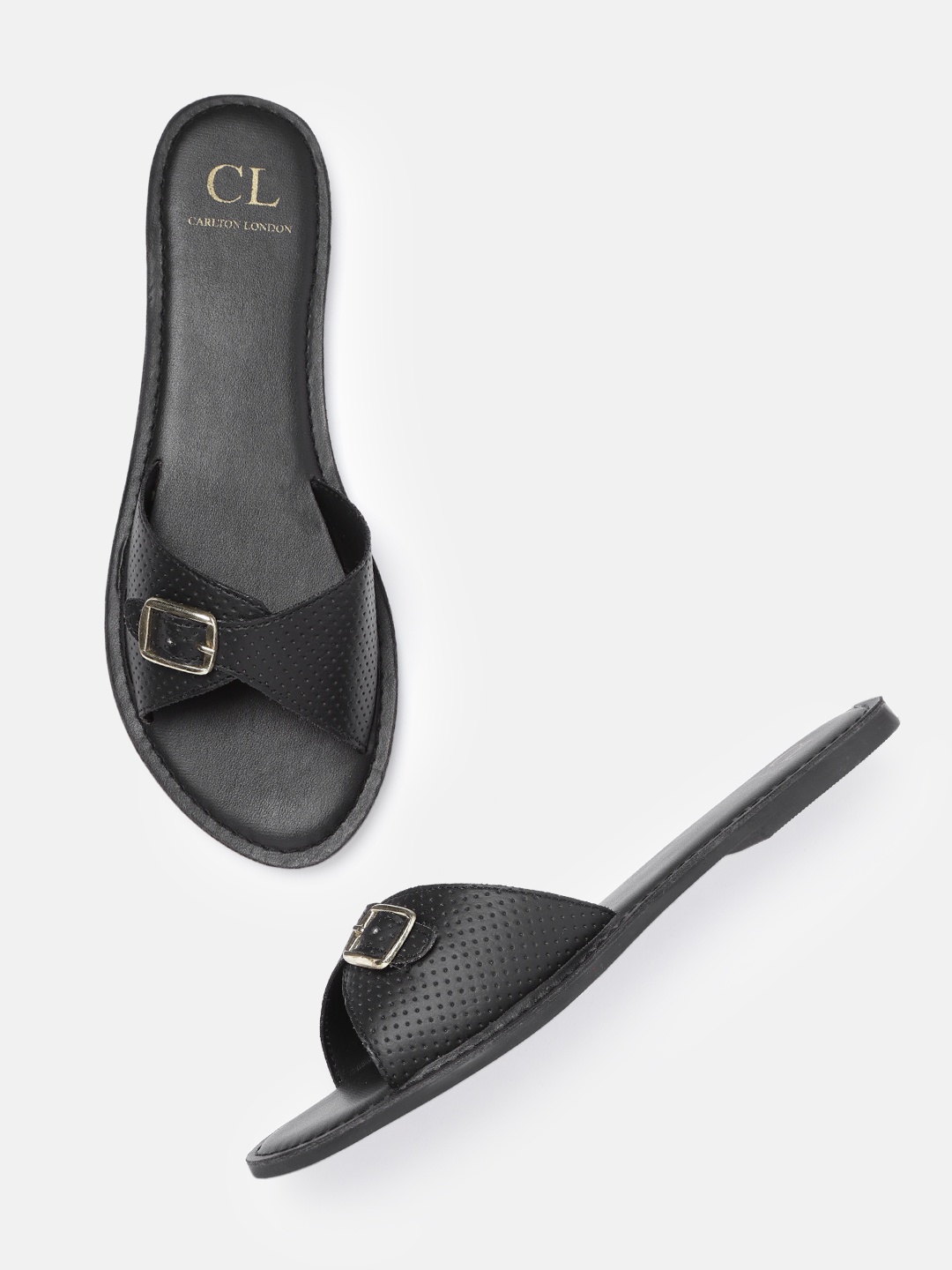

Carlton London Women Black Perforated Open Toe Flats with Buckles