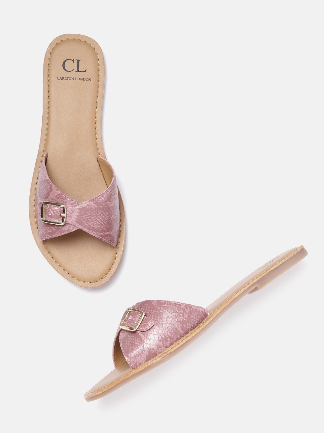 

Carlton London Women Dusty Rose Pink Textured Open Toe Flats with Buckle Detail