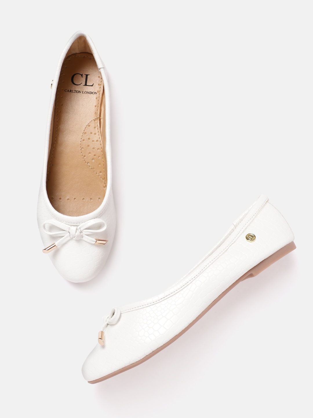 

Carlton London Women Snake Skin Textured Ballerinas With Bow Detail, White