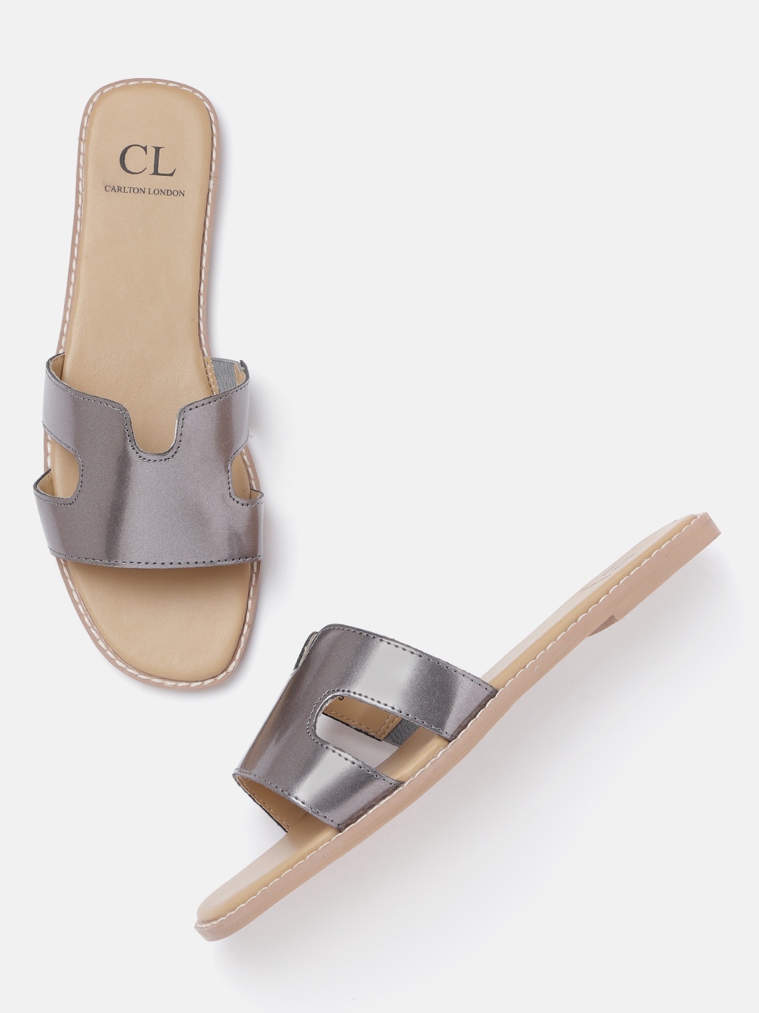 

Carlton London Women Gunmetal-Toned Solid Open Toe Flats, Metallic