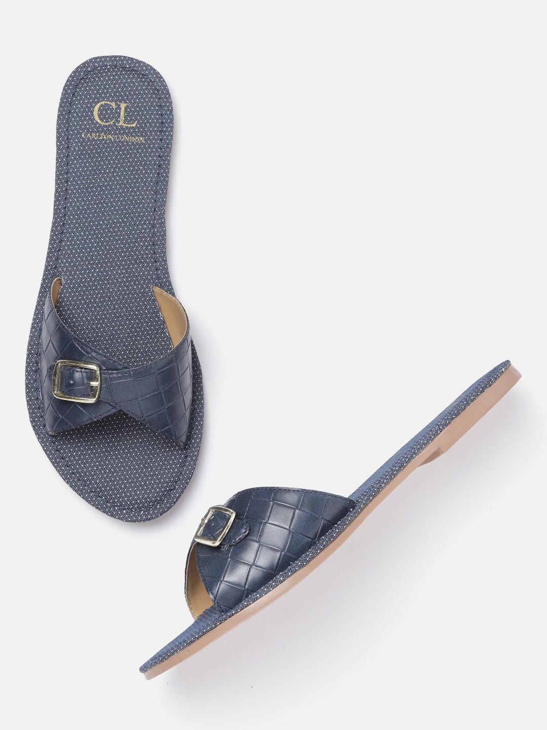 

Carlton London Women Navy Blue Basketweave Textured Open Toe Flats with Buckle Detail