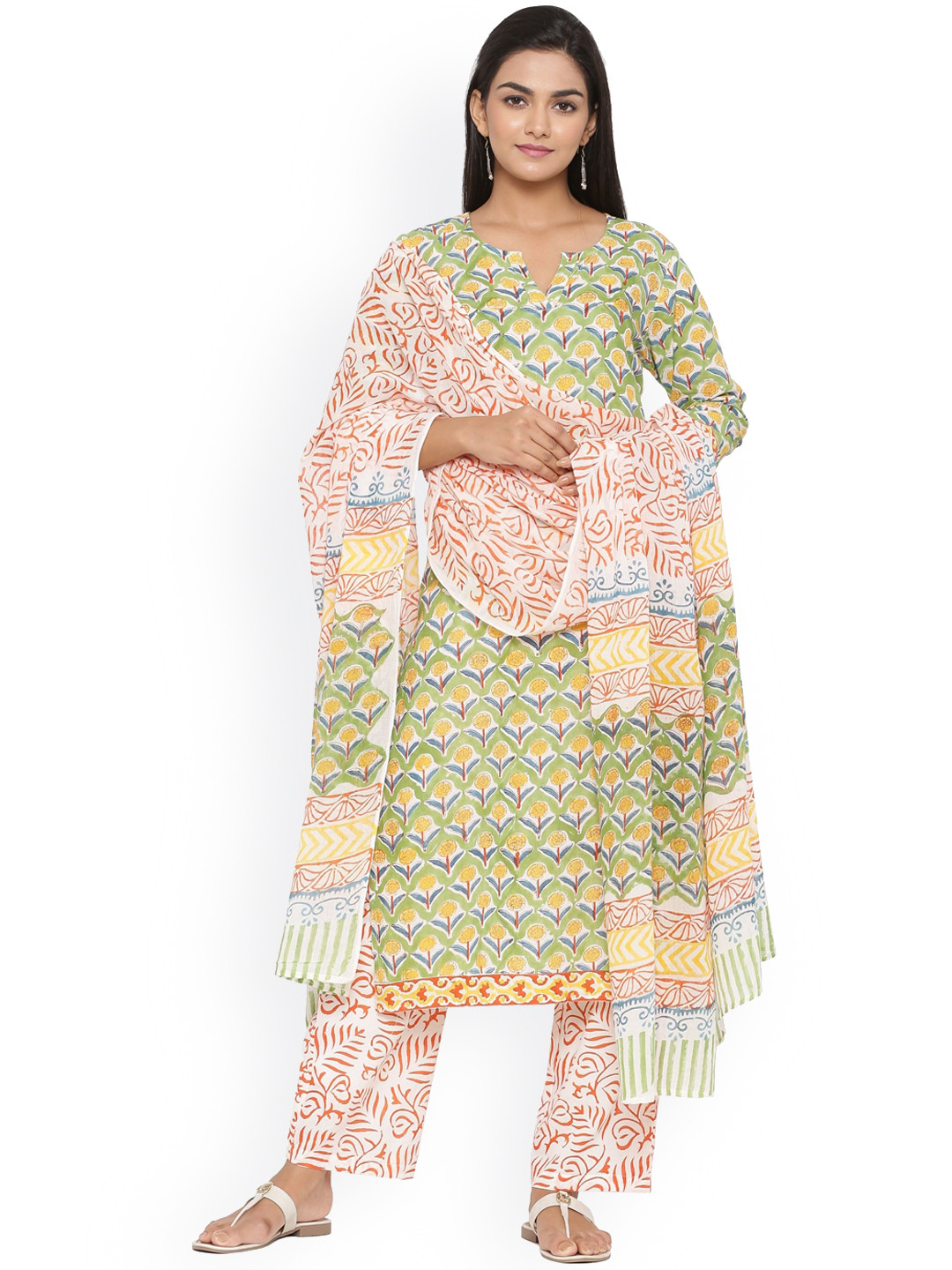 

mirari Women Green Floral Printed Pure Cotton Kurta with Trousers & With Dupatta
