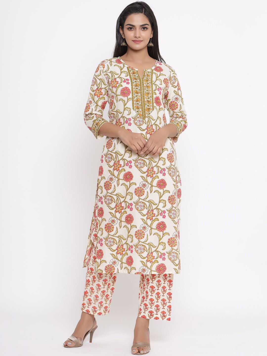 

mirari Women Yellow Floral Printed Pure Cotton Kurti with Palazzos & With Dupatta