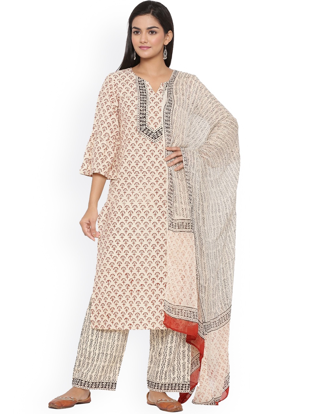 

mirari Women Grey Ethnic Motifs Printed Pure Cotton Kurti with Palazzos & With Dupatta