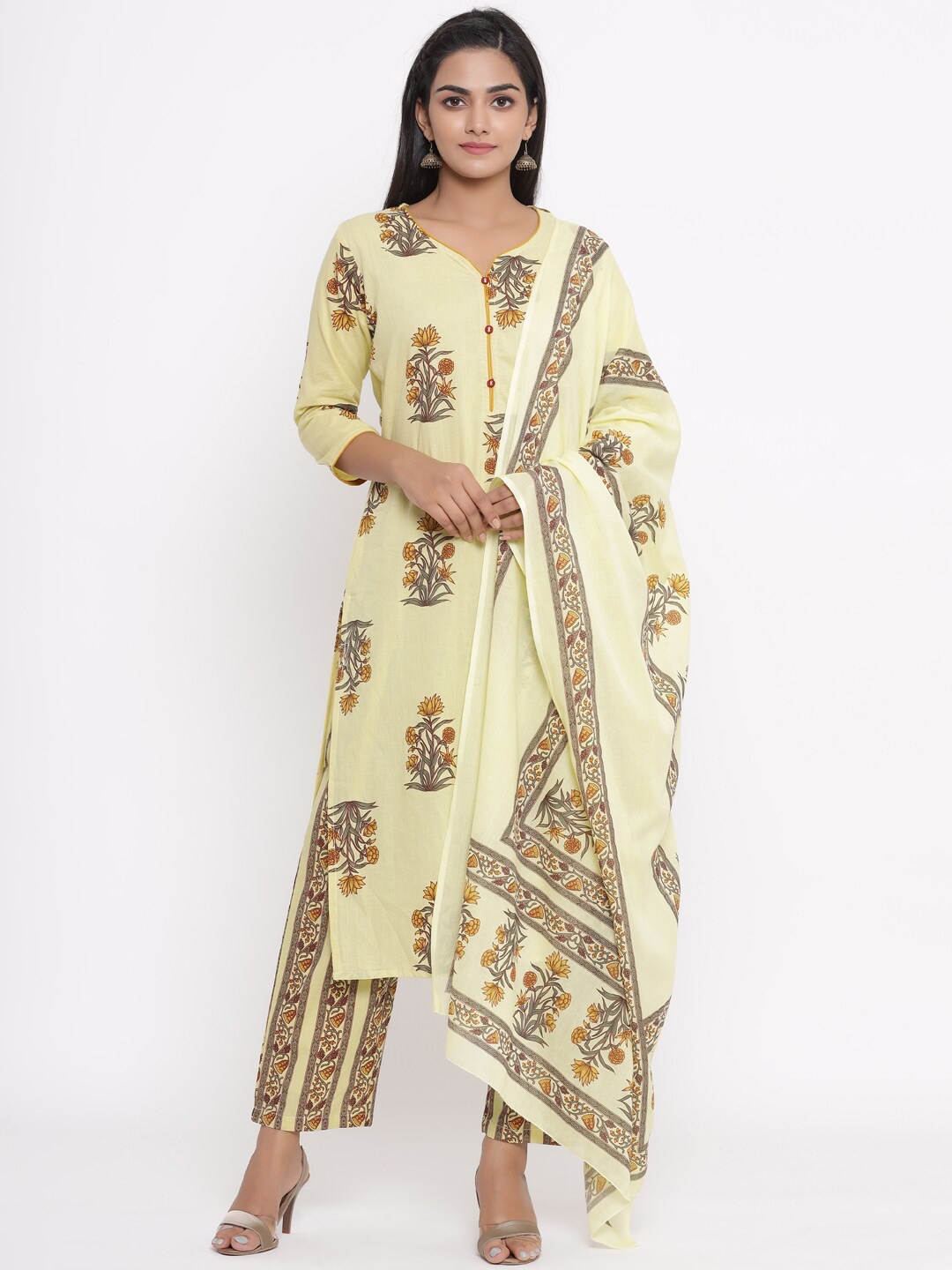 

mirari Women Yellow Floral Printed Panelled Pure Cotton Kurti with Trousers & With Dupatta