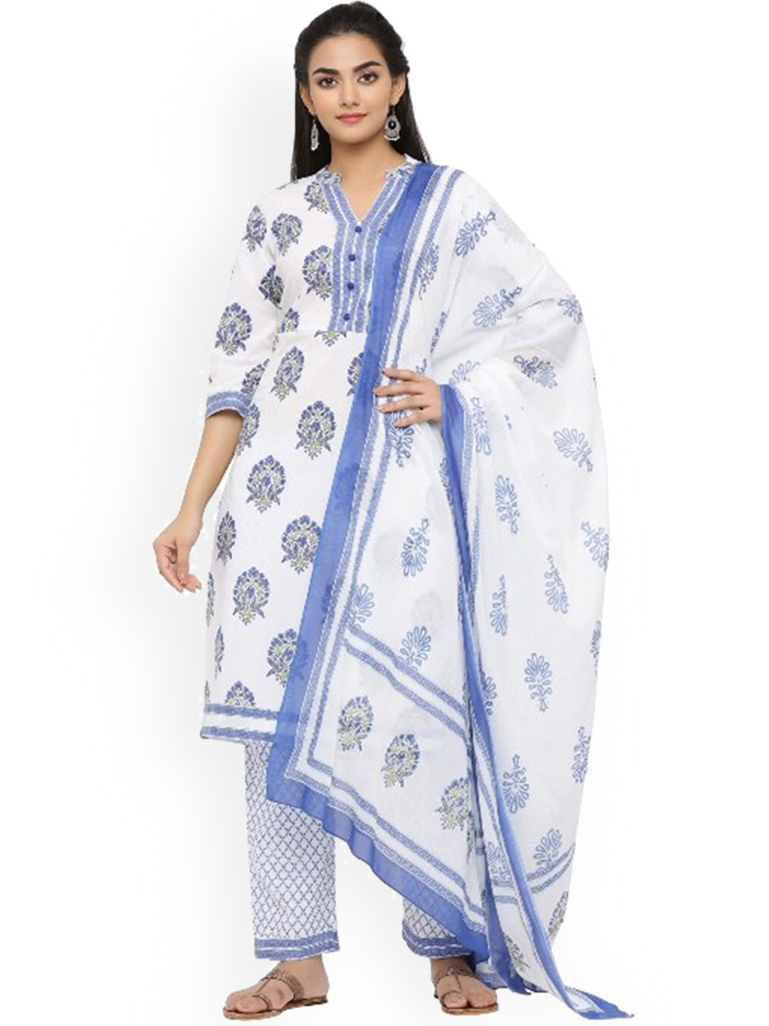 

mirari Women Blue Ethnic Motifs Embroidered Pure Cotton Kurti with Trousers & With Dupatta