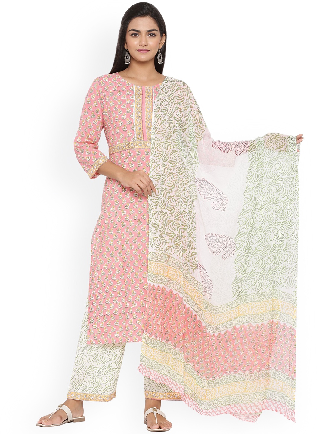 

mirari Women Peach-Coloured Paisley Pure Cotton Kurta with Churidar & With Dupatta