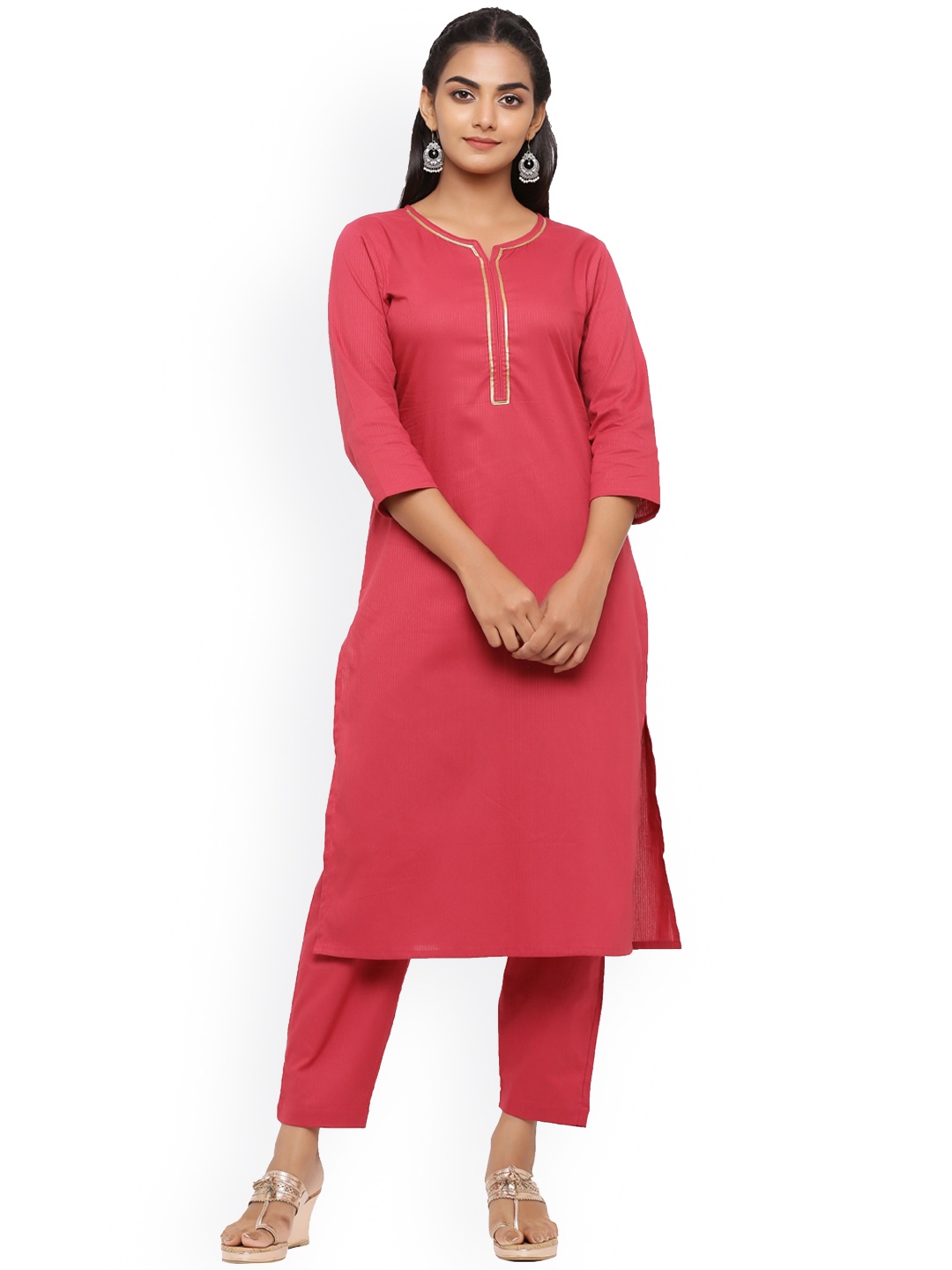 

mirari Women Red Floral Pure Cotton Kurti with Trousers & With Dupatta